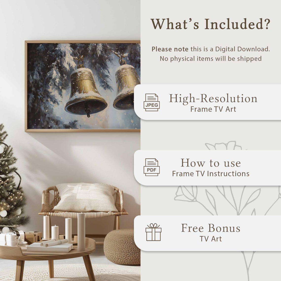 Golden Christmas Bells Snowy Pine Branches Holiday Art Poster - Image 4