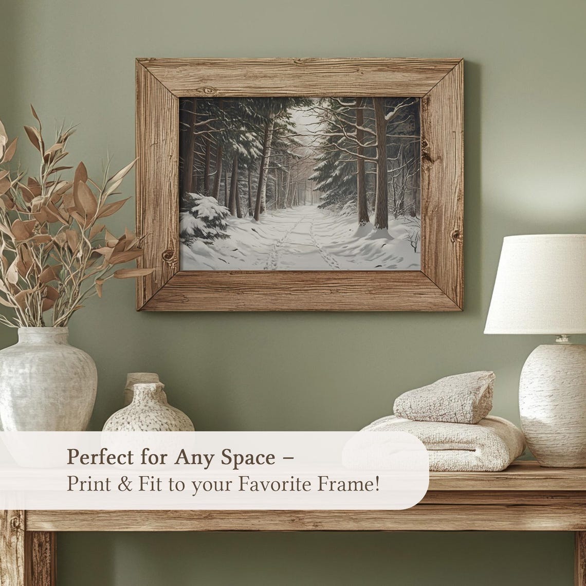 Snowy Forest Path Footprints Tall Pines Rustic Winter Wall Art - Image 5