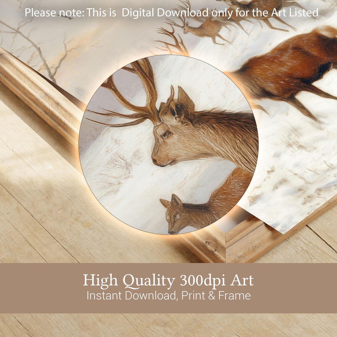 Winter Deer Herd In Snow Watercolor Rustic Woodland Wall Art