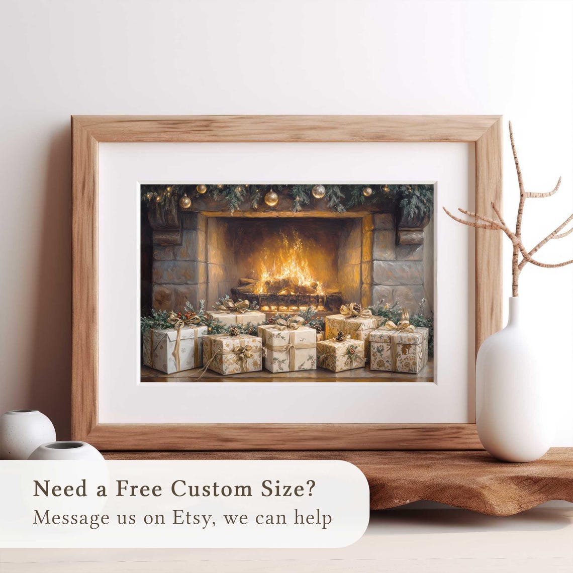 Stone Fireplace Crackling Fire Wrapped Gifts Cozy Christmas Wall Art - Image 2