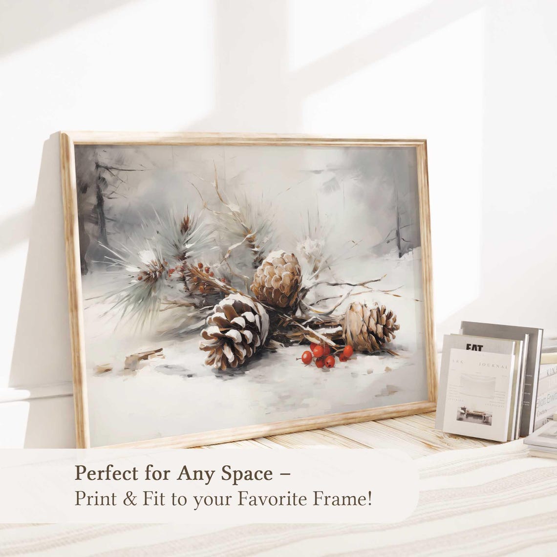 Frosted Pinecones and Red Berries Winter Botanical Watercolor Poster - Image 5