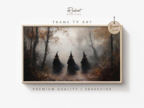 Three Witches Vanishing Into Foggy Autumn Woods Halloween Poster