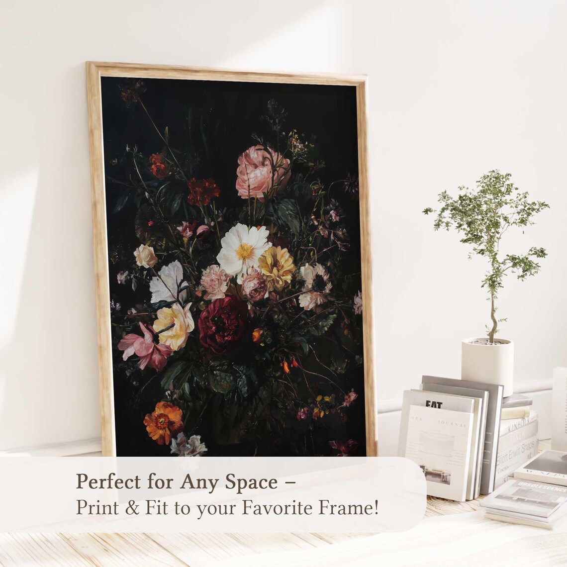Dark Moody Floral Bouquet Black Background Oil Painting Art Print - Image 5