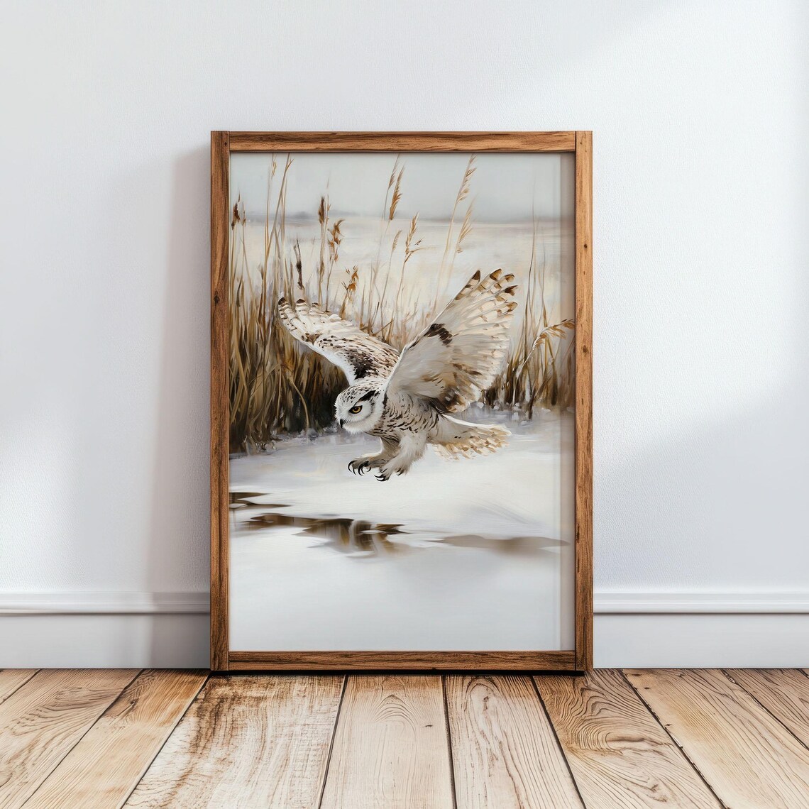 Snowy Owl Diving over Frozen Pond Golden Reeds Warm Sepia Poster - Image 2