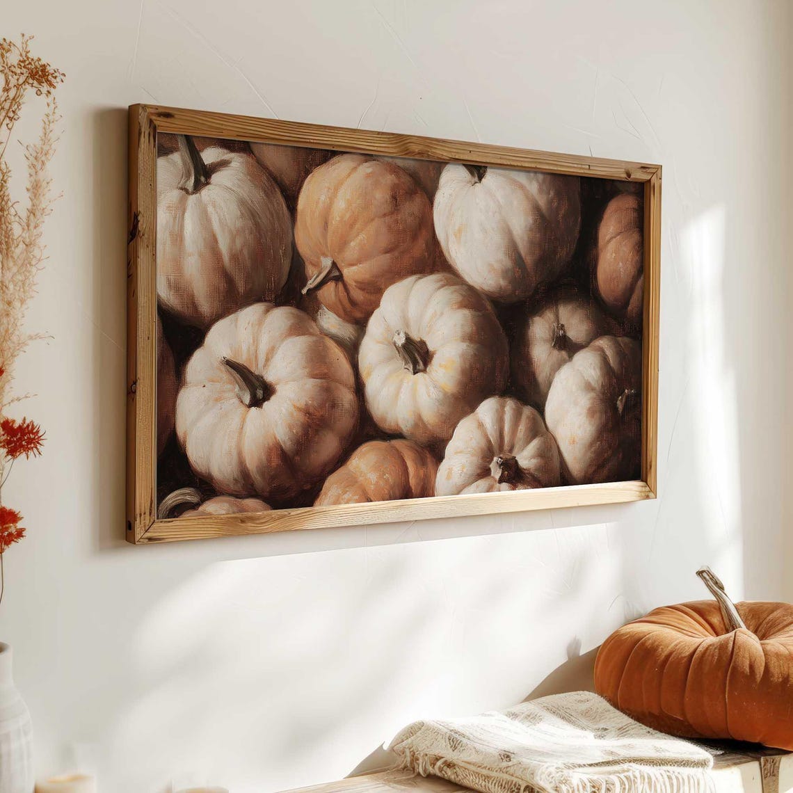Rustic White And Orange Pumpkin Pile Fall Harvest Closeup Wall Art - Image 3