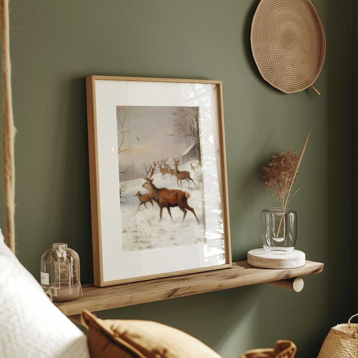 Red Deer Stag Herd Crossing Snowy Field Vintage Wildlife Poster - Image 3