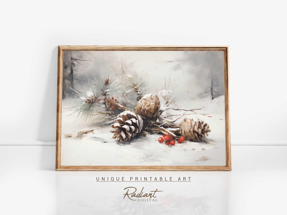 Frosted Pinecones and Red Berries Winter Botanical Watercolor Poster