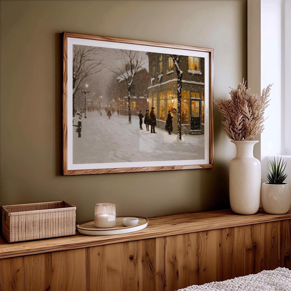 Snowy Vintage Street at Night with Glowing Shop Windows Poster