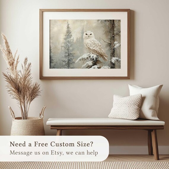 Snowy Owl Perched on Snowy Branch in Misty Evergreen Forest Poster