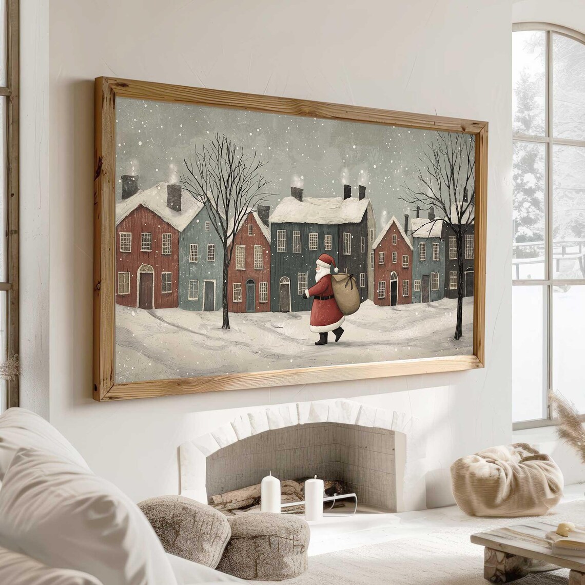 Santa With Toy Sack Snowy Colorful Town Christmas Village Art Poster - Image 3