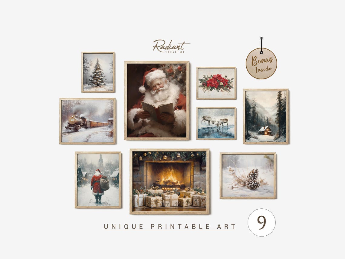Nine Piece Christmas Gallery Wall Bundle Festive Watercolor Poster