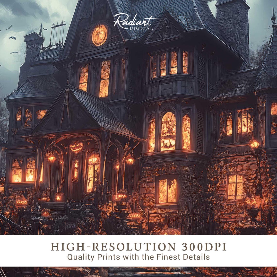 Haunted House Jack O Lanterns Bats Moonlit Night Halloween Art Poster - Image 3