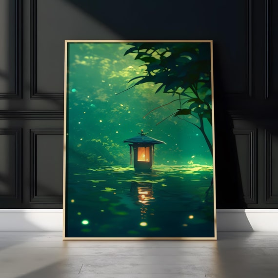 Enchanted Forest Lantern Art Print Serene Water Scene With Floating Lantern Mystical Nature Decor Fantasy Art For Tranquil Spaces