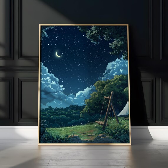 Pixel Art Campsite Swing Starry Night Crescent Moon Tent Meadow Poster