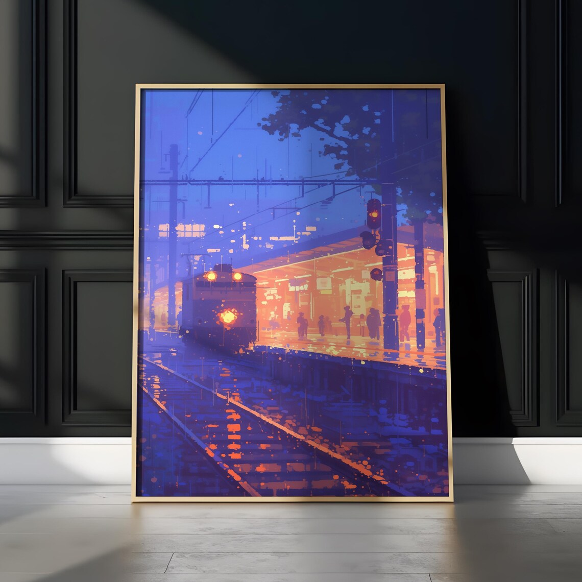 Rainy Night Train Station With Arriving Train Anime Scene Poster