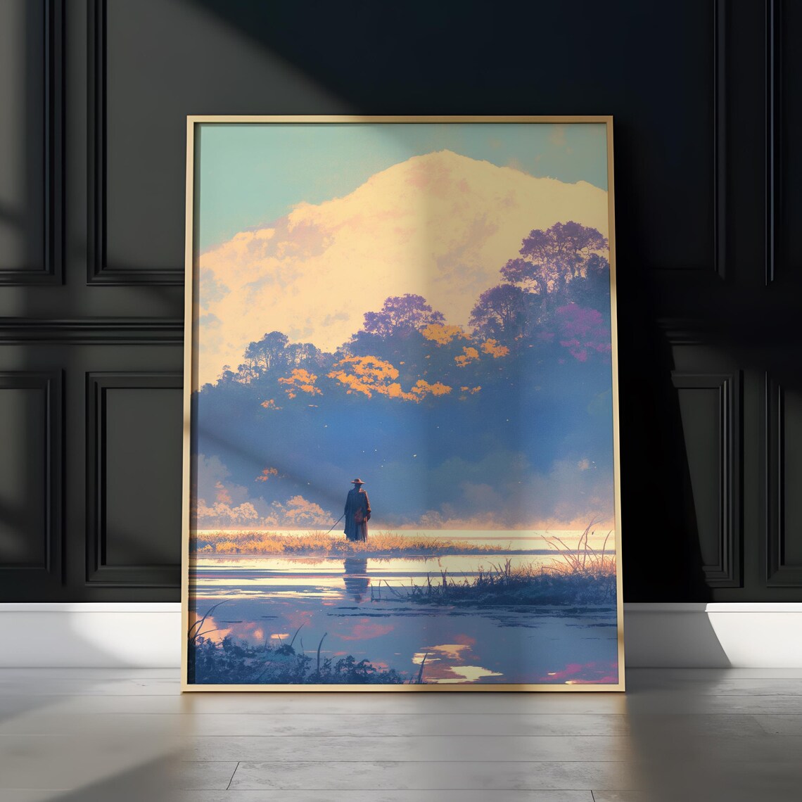 Lone Traveler Misty Lake Golden Clouds Sunset Solitude Poster