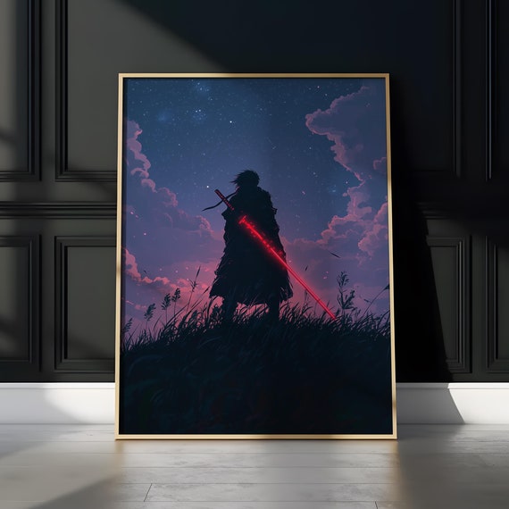Warrior Silhouette With Red Sword Art Print Fantasy Samurai Under Starry Sky Poster Epic Nighttime Battle Decor Ideal For Fantasy Lovers