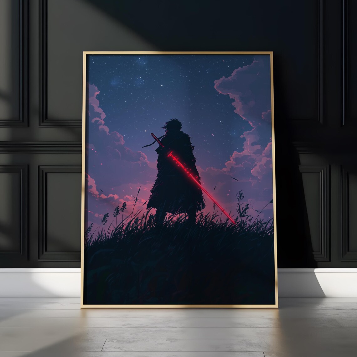 Fantasy Samurai Warrior Glowing Red Sword Starry Night Silhouette Poster