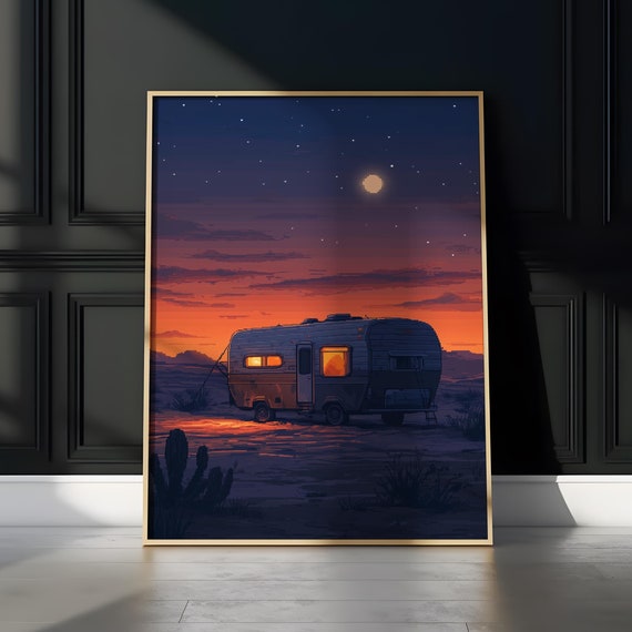 Desert Sunset Camper Van Pixel Art Poster Tranquil Night Sky Camping Scene Vintage Rv Art Travel And Adventure Wall Decor