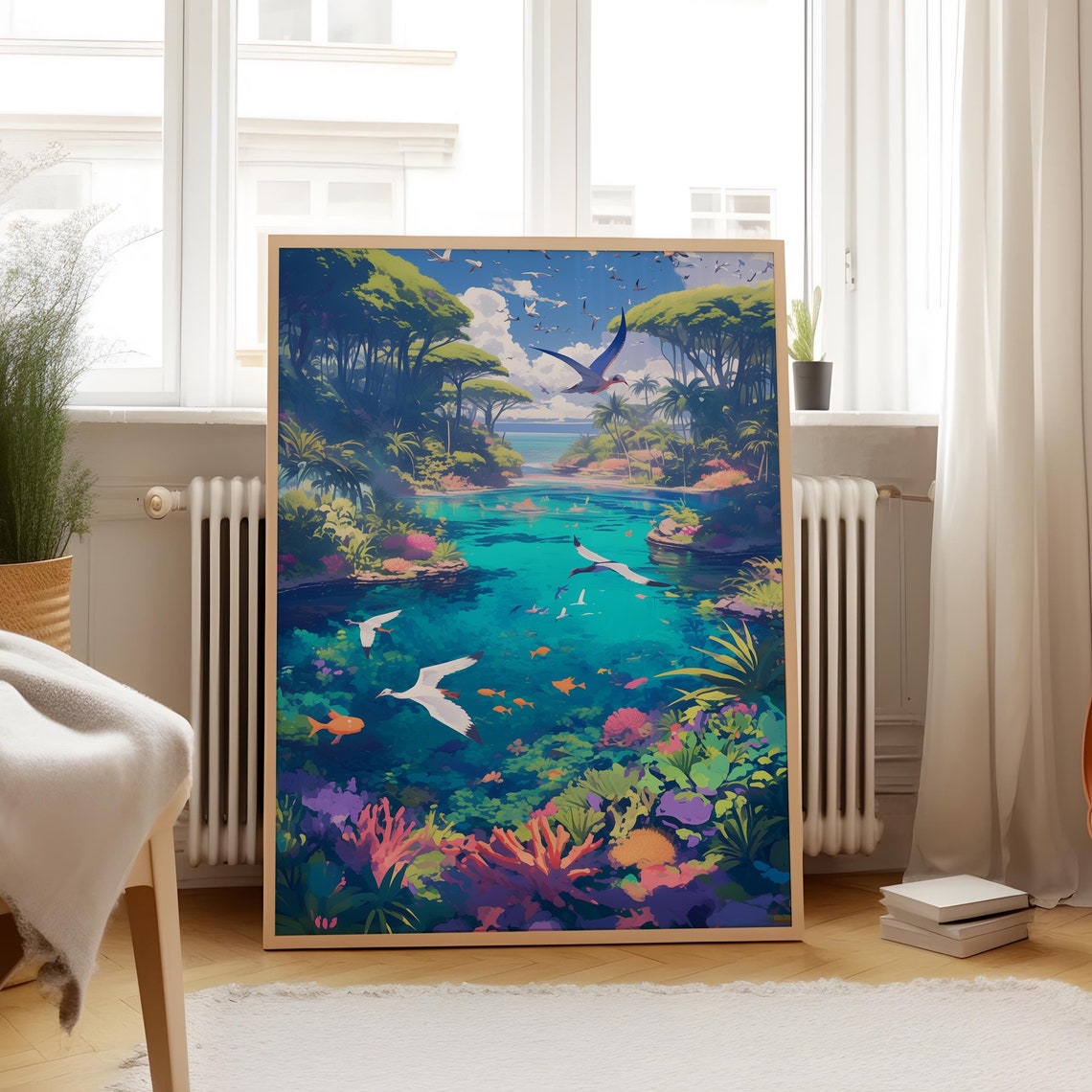 Vivid Tropical Lagoon With Seabirds and Coral Reef Anime Poster