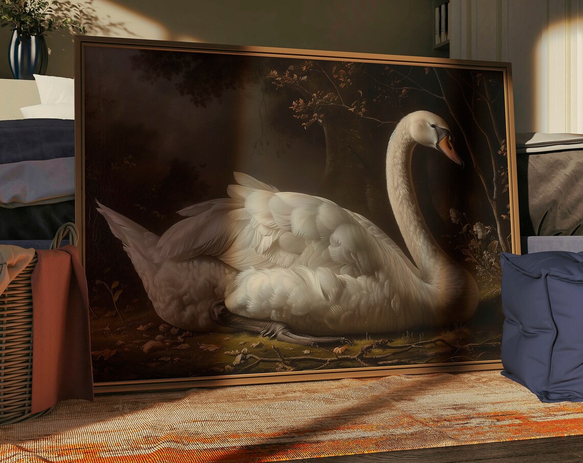 White Swan in Dark Woodland Dark Academia Moody Oil Painting Poster