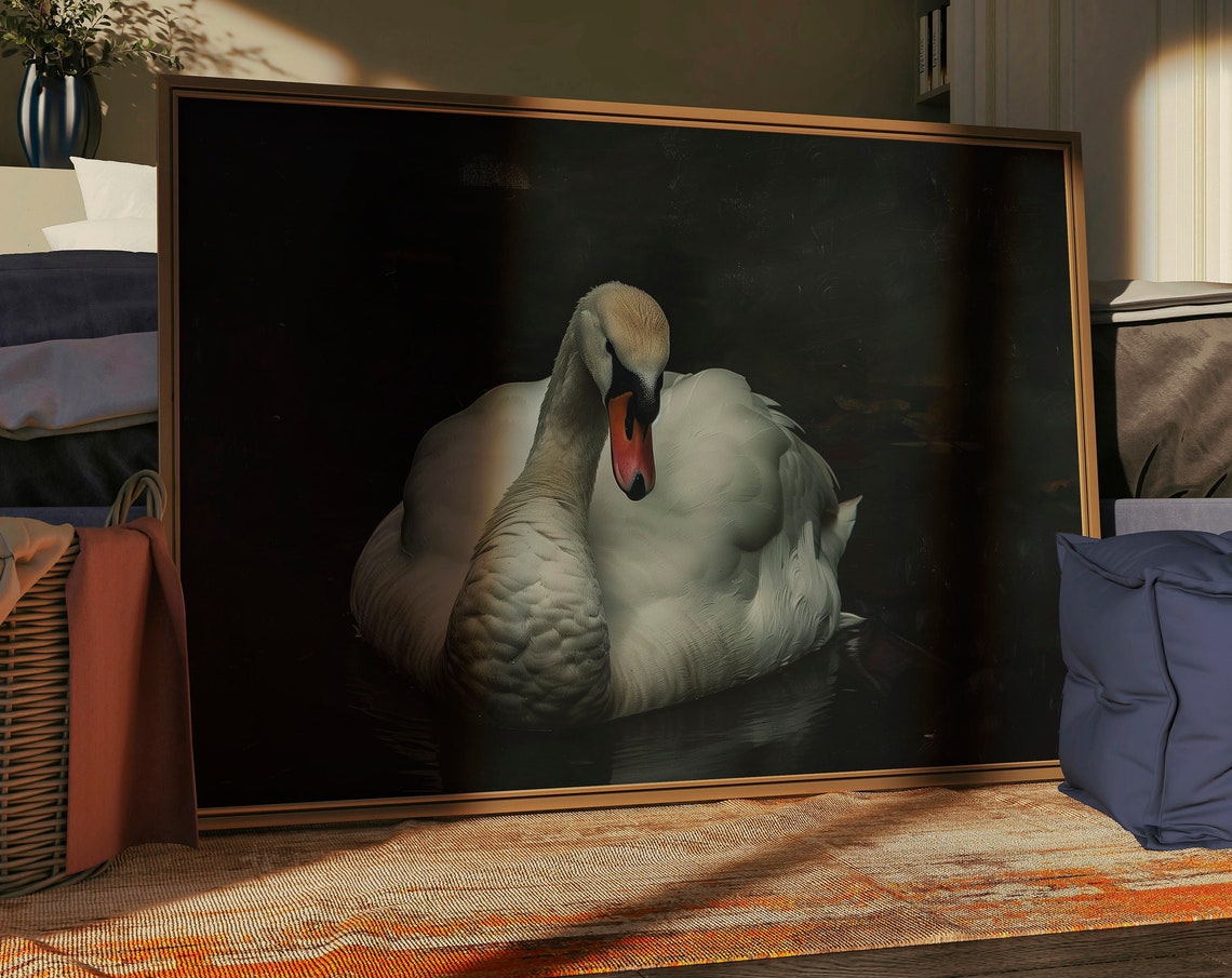 White Swan on Dark Water Moody Black Dark Academia Painting Poster