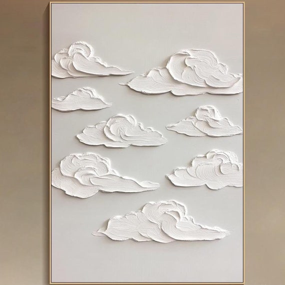 Original Cloud Painting On 3d Minimalist Sky Textured Wall Art Serene White Clouds Abstract Sky Art Living Room Wall Art