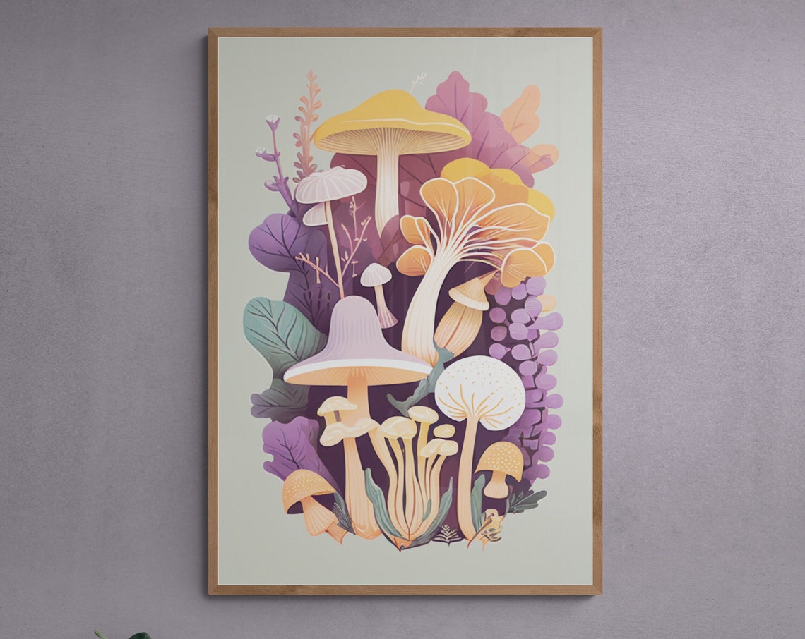 Purple And Sage Mushroom Cluster Botanical Illustration Poster