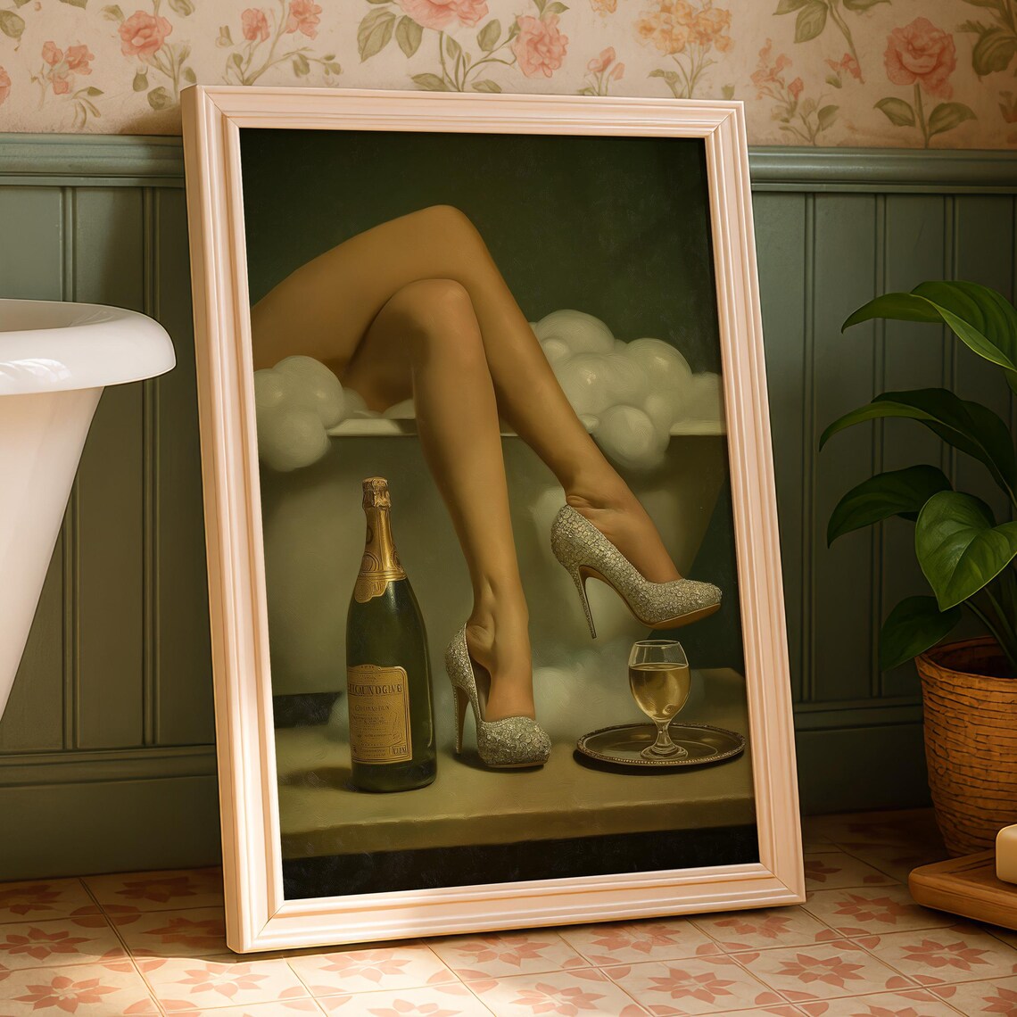 Champagne Heels Retro Glam Bathroom Art Print