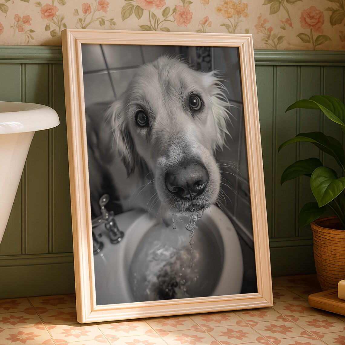 Funny Golden Retriever Bathroom Poster, Dog Art Print