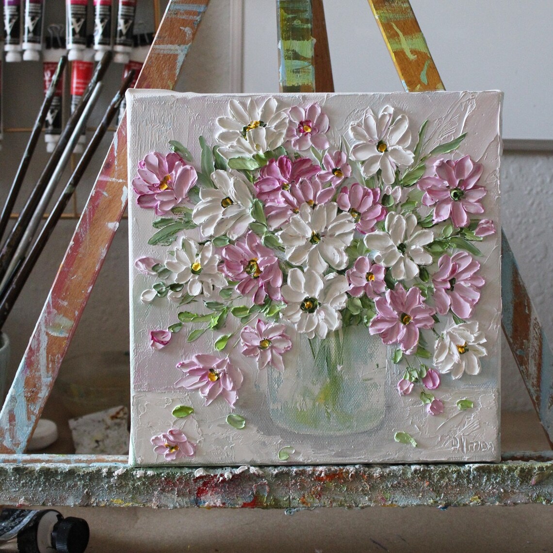 Custom White and Pink Daisy Still Life, Oil Impasto Art Print - Image 4