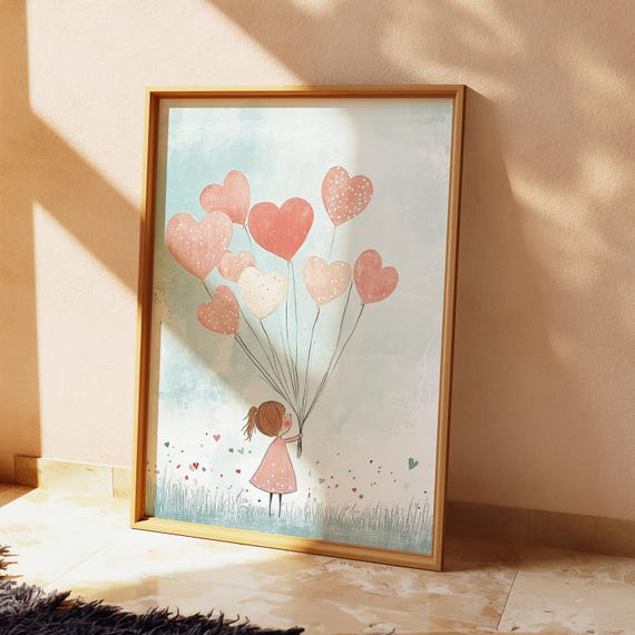 Girl Holding Balloons Nursery Print Playful Kids Room Wall Art