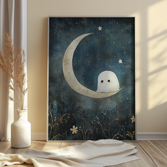 Whimsical On Moon Print Cute Vintage Halloween Night Sky Art Rustic Haunted Spirit Illustration Instant Wall Decor