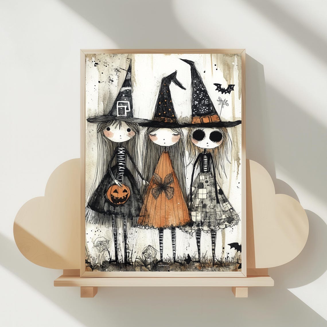 Three Witches Halloween Print Whimsical Black Hat Girls Wall Art Spooky Cute Autumn Decor Printables Instant