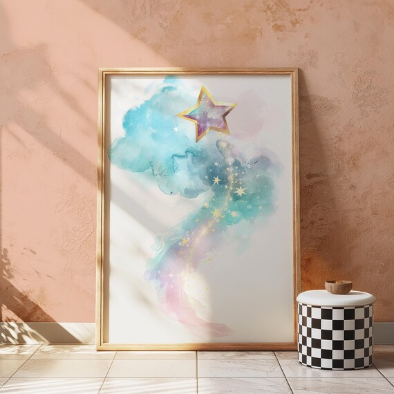 Pastel Watercolor Shooting Star Night Sky Nursery Wall Decor Art Poster