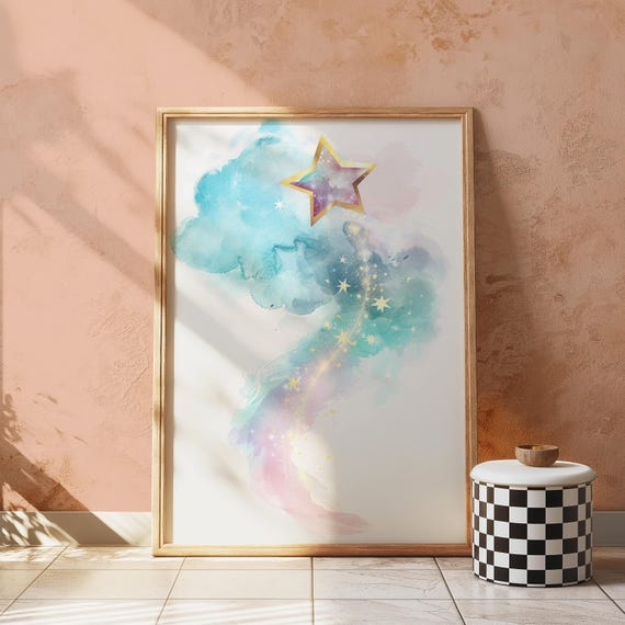 Whimsical Shooting Star Print Instant Watercolor Celestial Wall Art Pastel Night Sky Nursery Room Decor 222