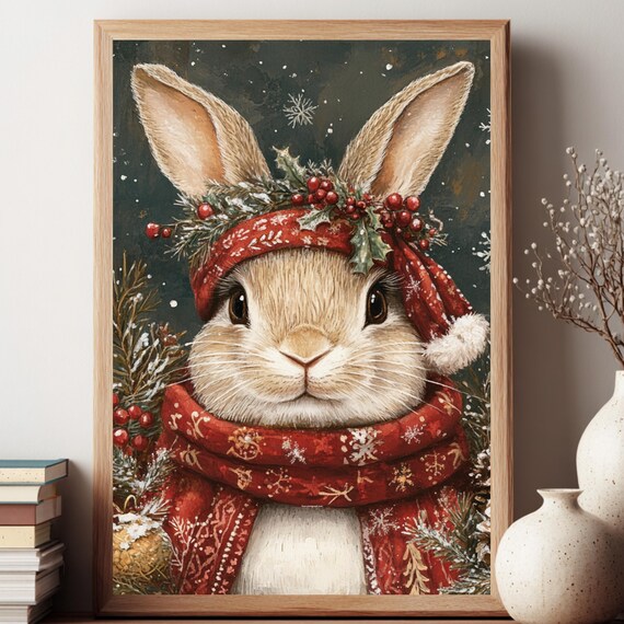 Winter Bunny Portrait in Red Scarf and Holly Crown With Snowflakes Poster