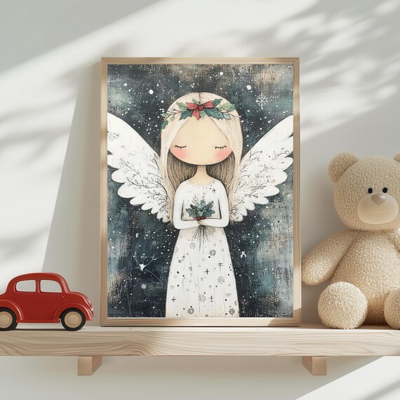 Whimsical Christmas Angel Girl With Holly Crown in Snowy Night Sky Poster