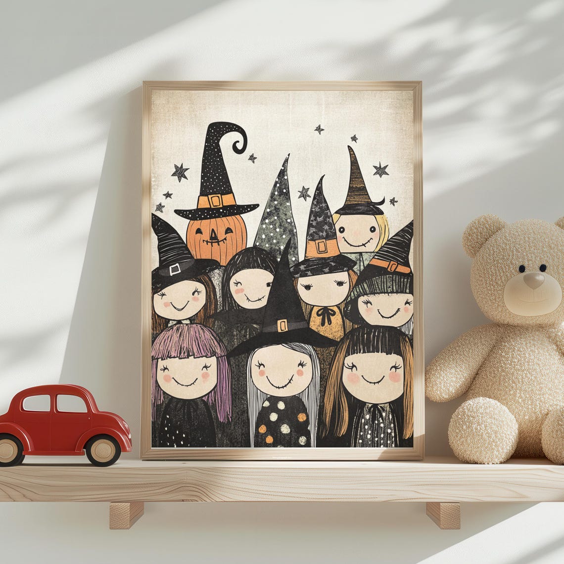 Halloween Witches Print Cute Kids Illustration Trick Or Treat Wall Decor Spooky Home Accent Instant