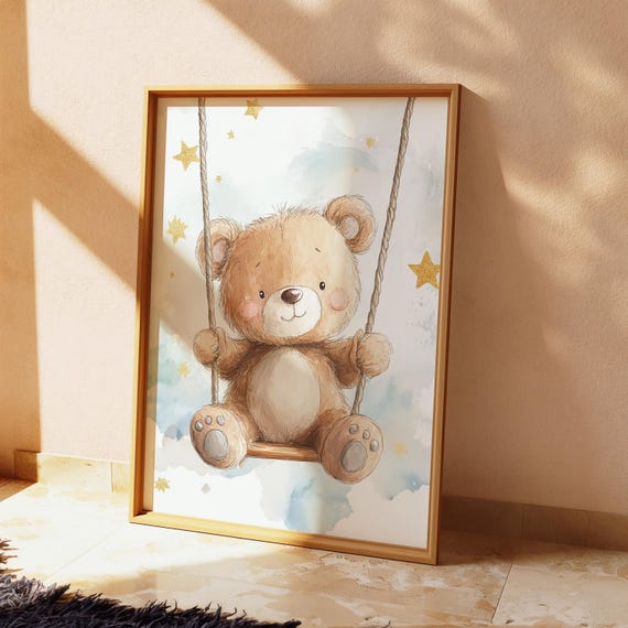 Teddy Bear Swing Watercolor Print Kids Wall Art Nursery Animal For Baby Room Decor 114