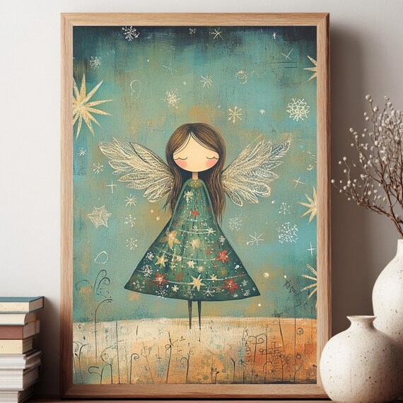 Starry Night Angel Print Whimsical Kids Room Holiday Decor