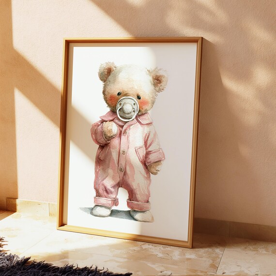 Watercolor Teddy Bear In Pink Pajamas Holding Pacifier Cute Nursery Wall Art Print 132