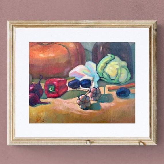 Fruits and Vegetables Still Life Oil Painting with Pumpkin Poster