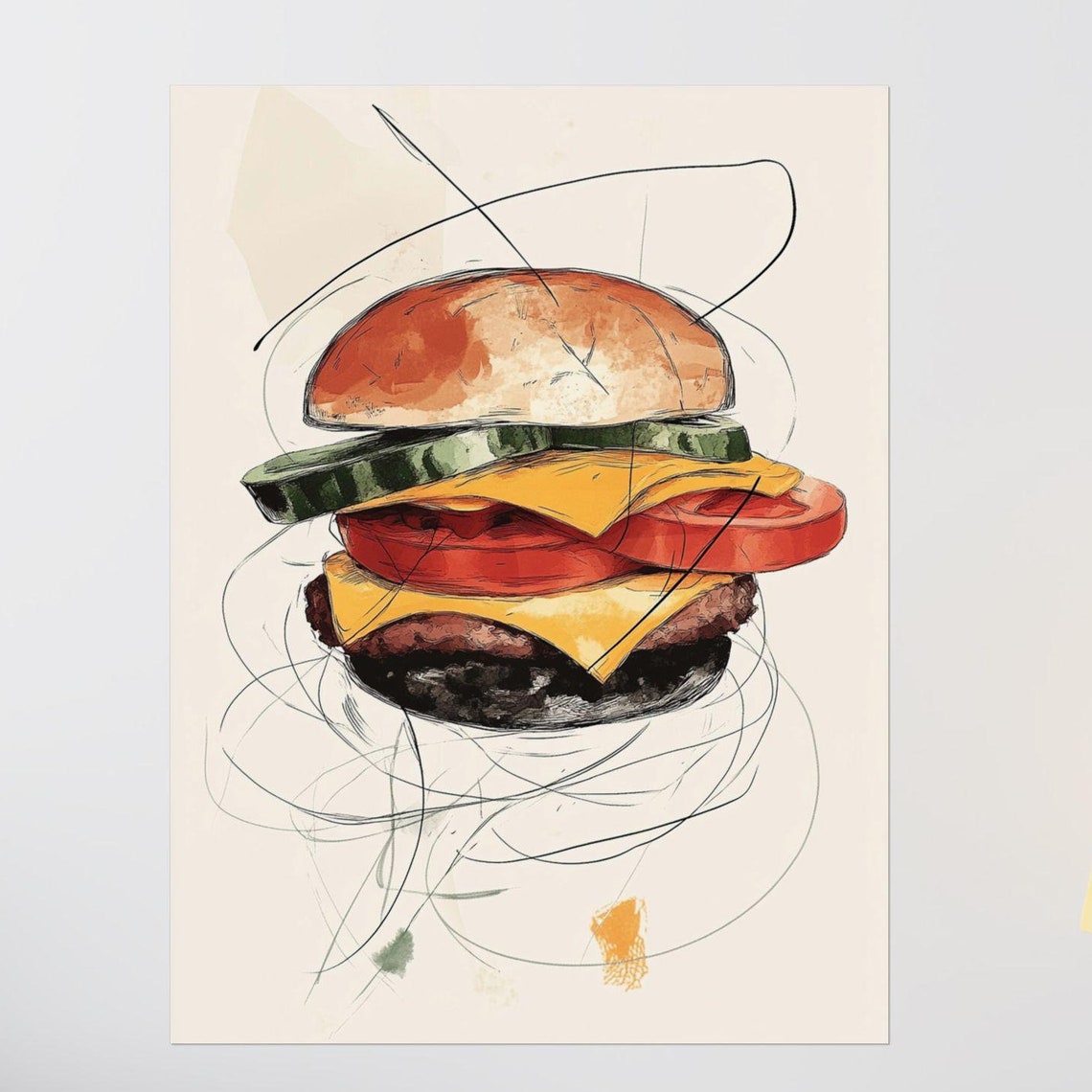 Hand Drawn Cheeseburger Watercolor Sketch Kitchen Wall Poster