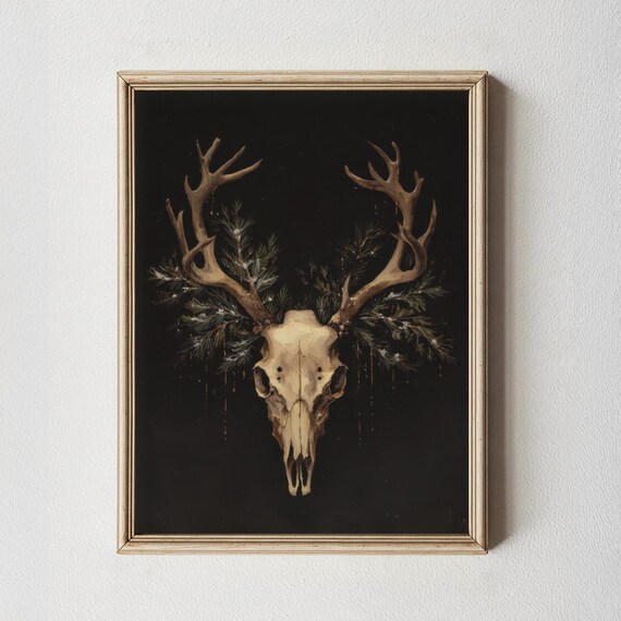 Deer Skull Antlers Evergreen Dark Gothic Rustic Style Art Poster