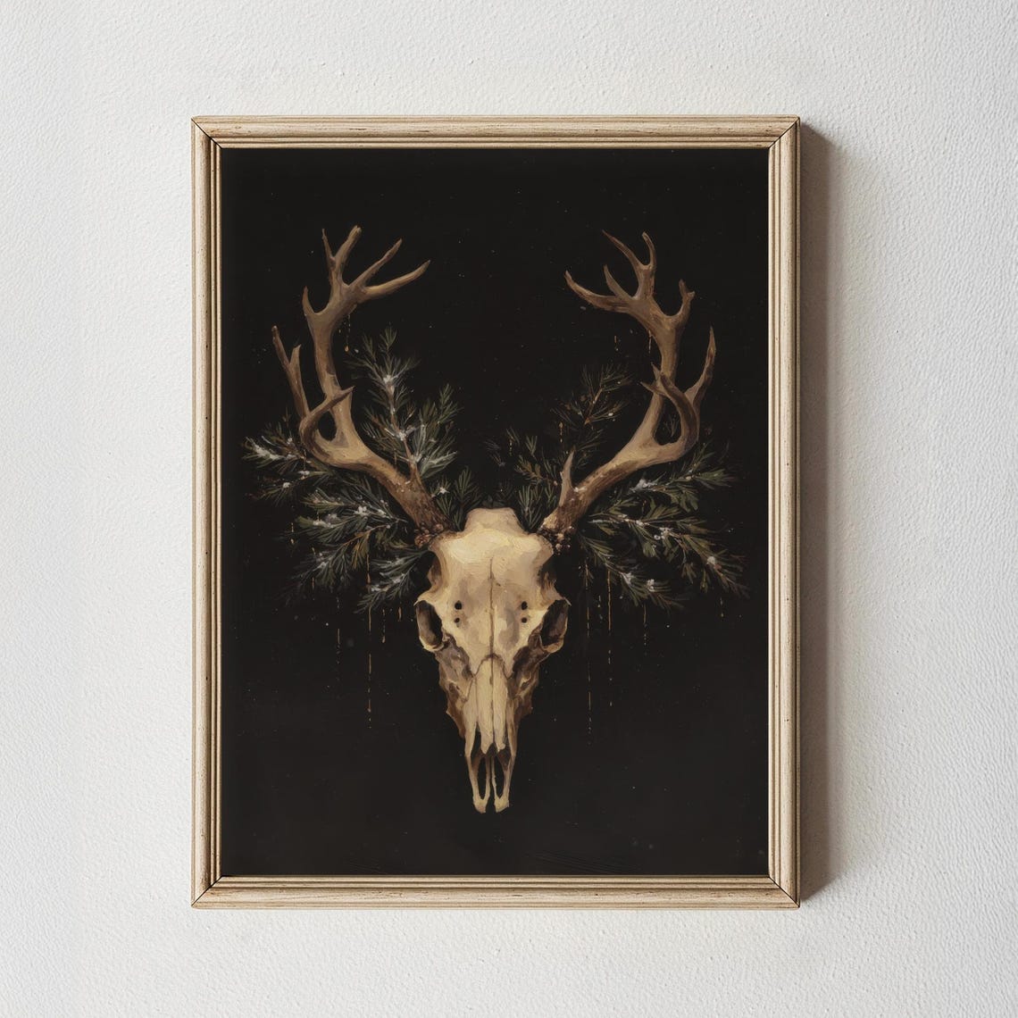 Deer Skull Antlers Evergreen Dark Gothic Rustic Style Art Poster