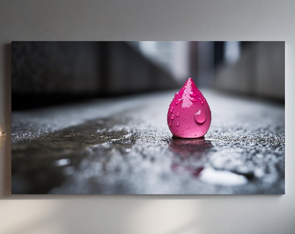Vivid Pink Water Droplet on Wet Rainy Concrete Urban Macro Art Poster
