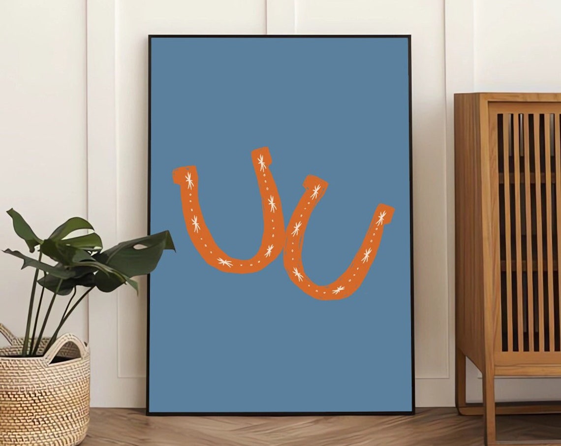 Orange Lucky Horseshoe Pair On Solid Dusty Blue Decor Poster