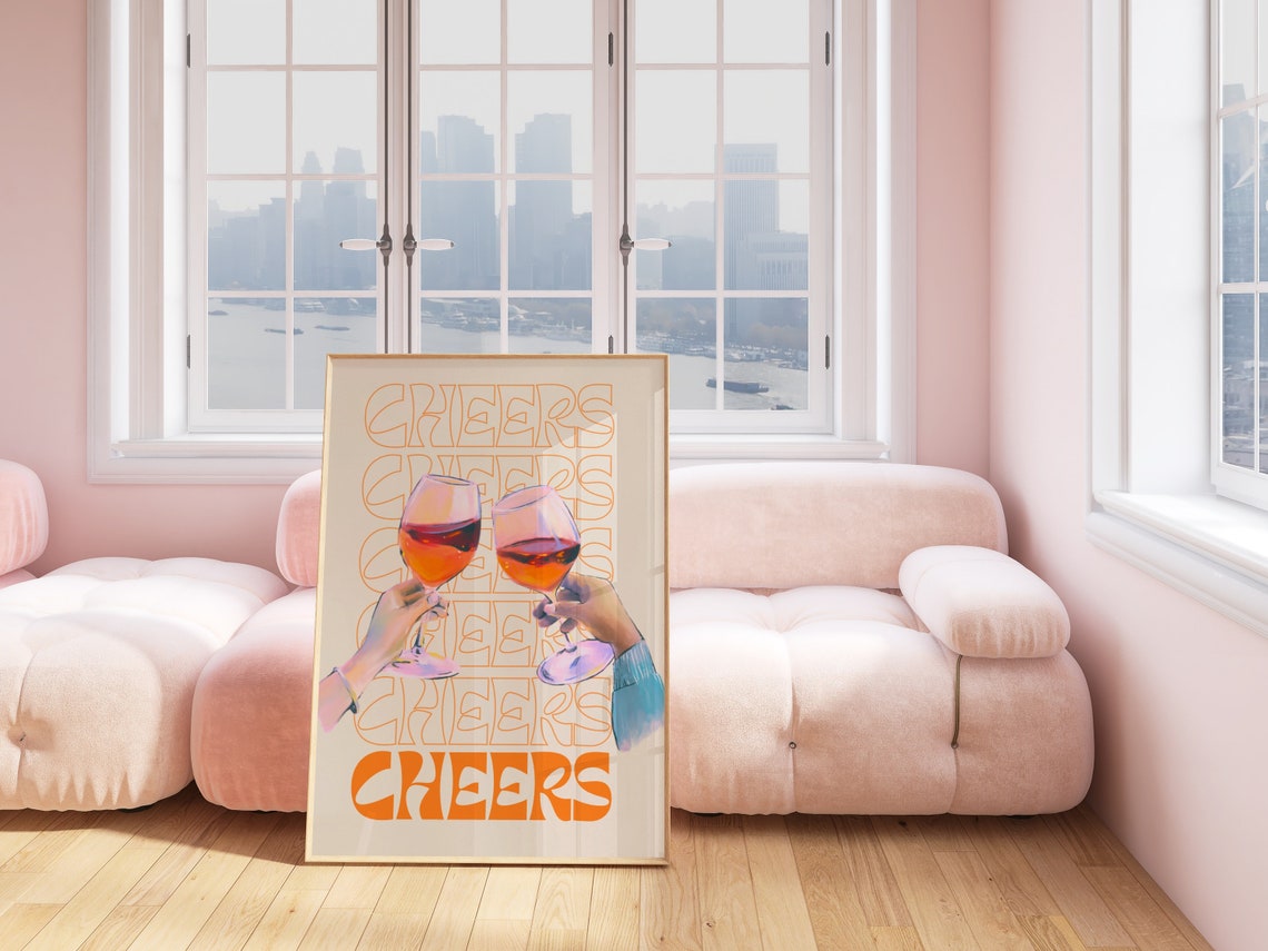 Cheers Retro Outline Typography Clinking Wine Glasses Poster - Image 2