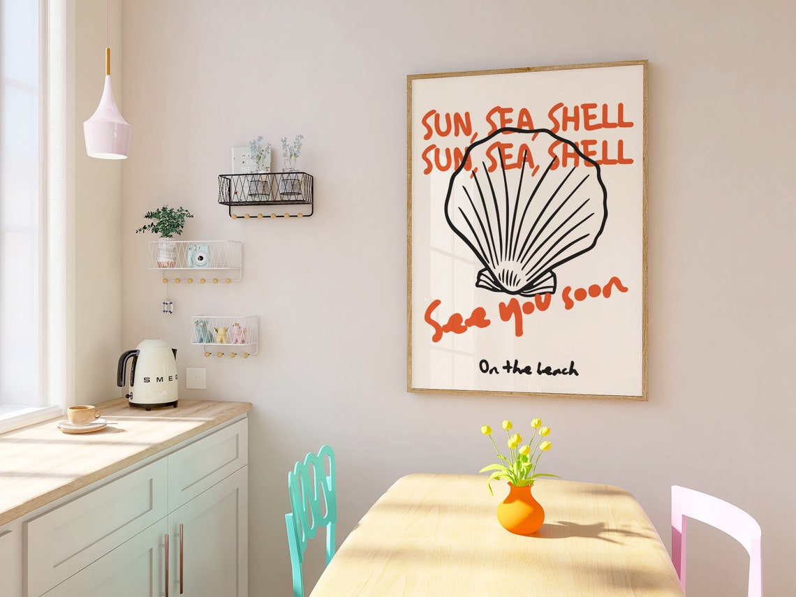 Sun Sea Shell Seashell Line Art Beach Coastal Typography Art Poster - Image 2